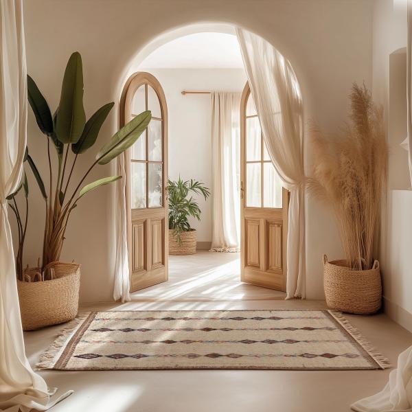 Alfombra bereber con patrón tradicional en la entrada luminosa.